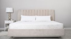 Image shows an Olympic queen mattress on a beige bedframe