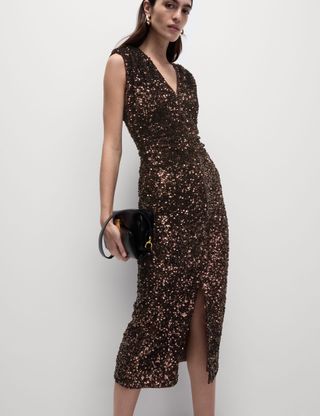 Sequin V-Neck Midi Column Dress