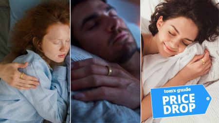 Three photos side by side of two women and a man sleeping wearing a gold sleep smart ring