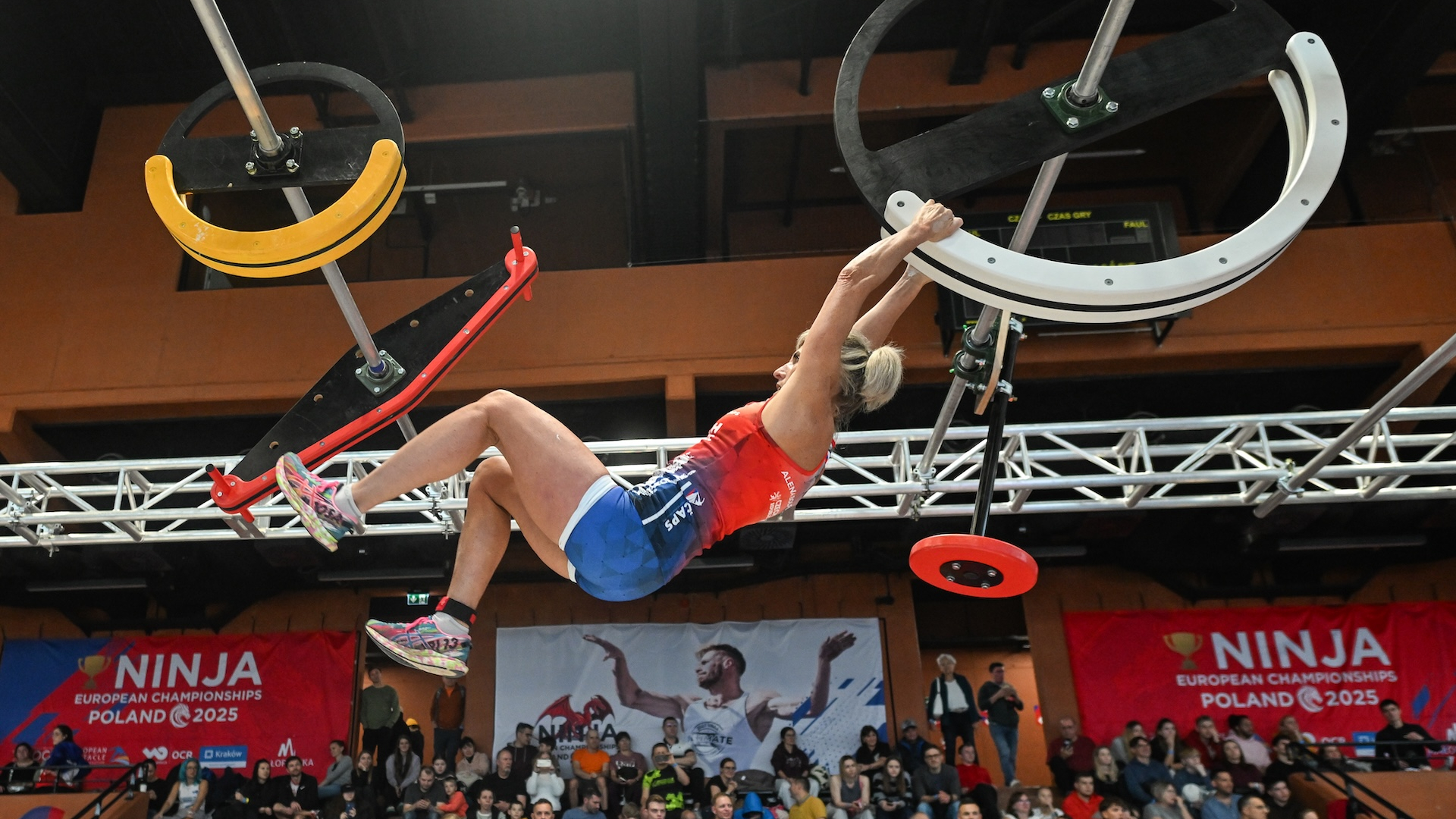 :Alena Bolfova of Czech Republic in action during the final of the 50+ category at the 1st Ninja European Championship at the KS Cracovia Centennial Hall in Krakow, Poland, on November 16, 2025