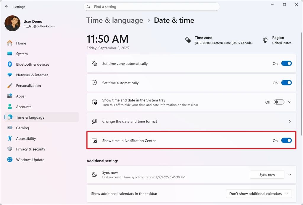 Show time in Notification Center