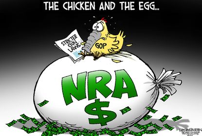 Political Cartoon U.S. NRA Lobbying Money Chicken and Egg