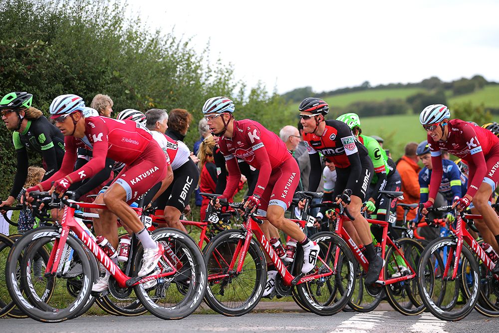 Katusha riders bunch up in the peloton