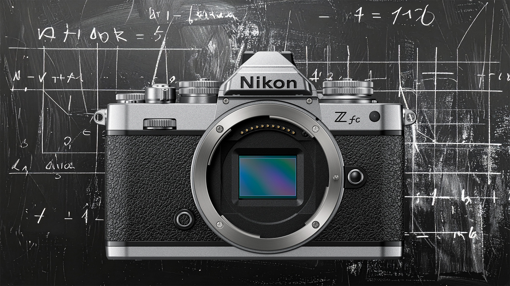 Nikon Z fc in front of a chalkboard full of equations 