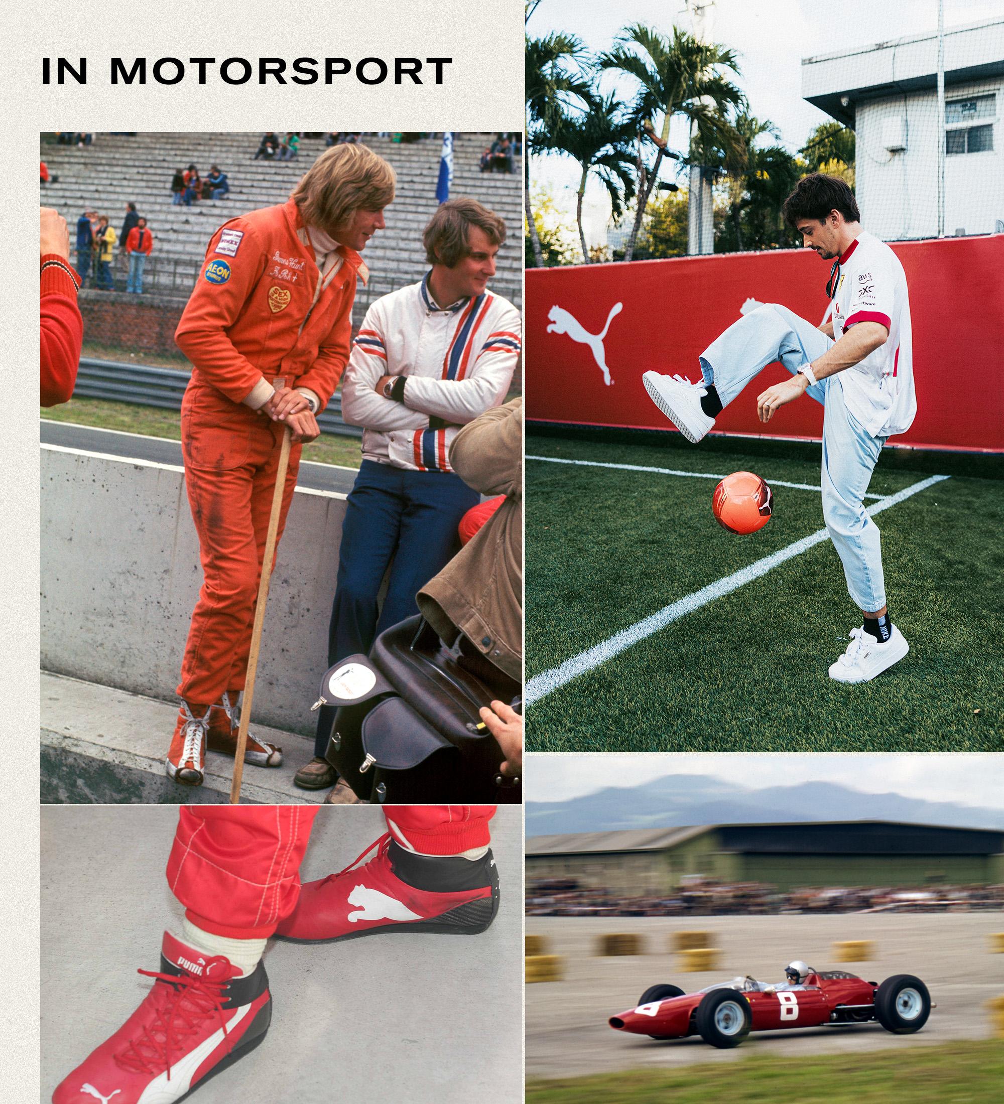 Collage of racing drivers wearing PUMA Speedcat OG shoe.