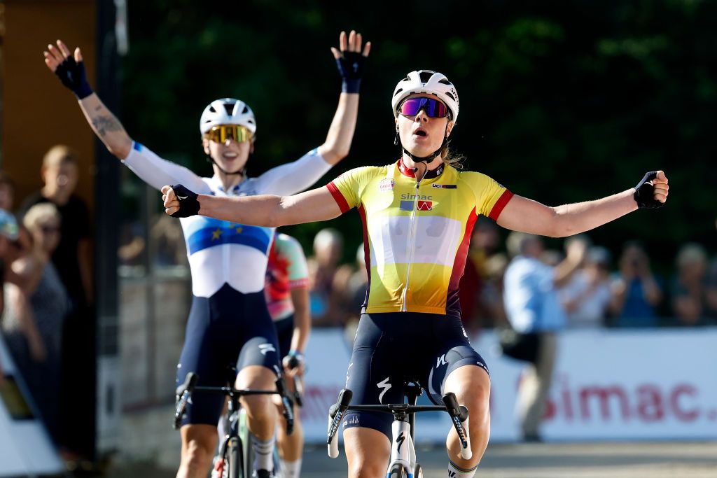 VALKENBURG NETHERLANDS SEPTEMBER 09 Lotte Kopecky of Belgium and Team SD Worx Yellow Leader Jersey celebrates at finish line as stage winner during the 25th Simac Ladies Tour 2023 Stage 4 a 1316km stage from Valkenburg to Valkenburg UCIWWT on September 09 2023 in Valkenburg Netherlands Photo by Bas CzerwinskiGetty Images