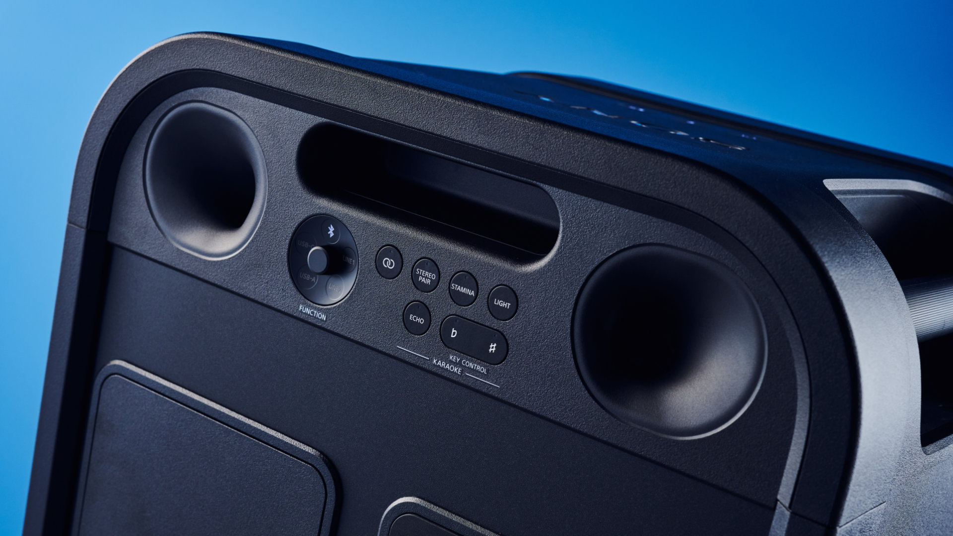 A black Sony ULT Tower 7 party speaker
