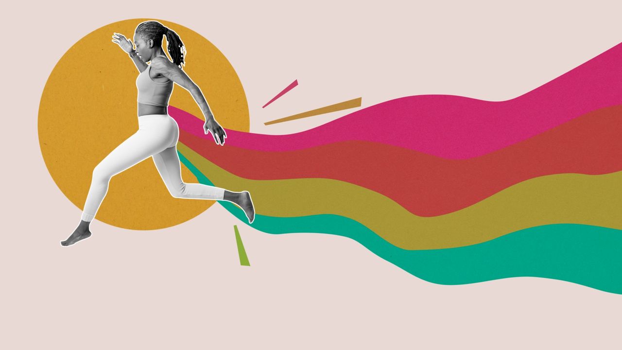 Collage of energetic woman in yoga outfit leaping through the air with rainbow trail