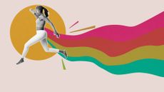 Collage of energetic woman in yoga outfit leaping through the air with rainbow trail