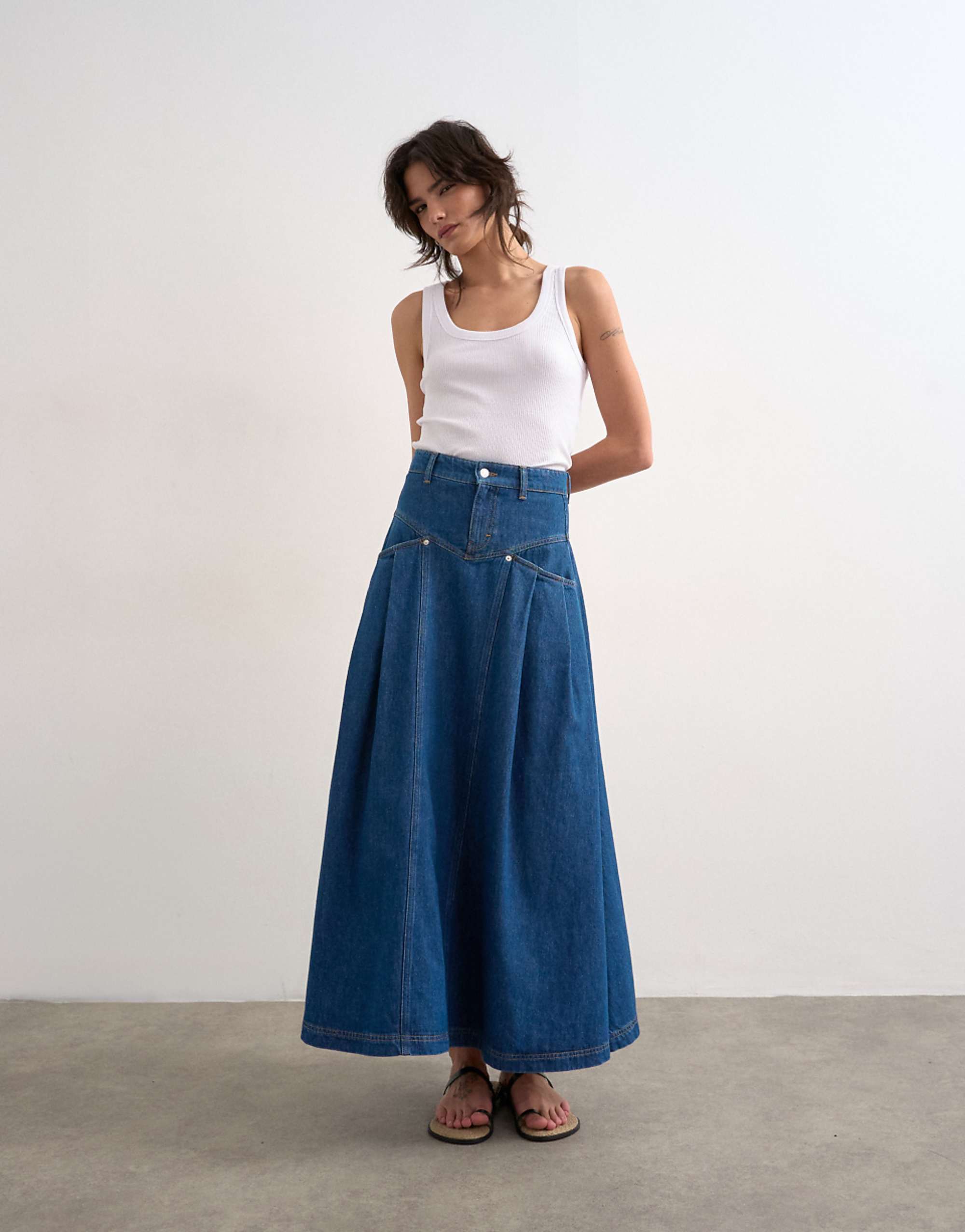 Topshop Denim Yoke Pleated Maxi Skirt in Rich Blue