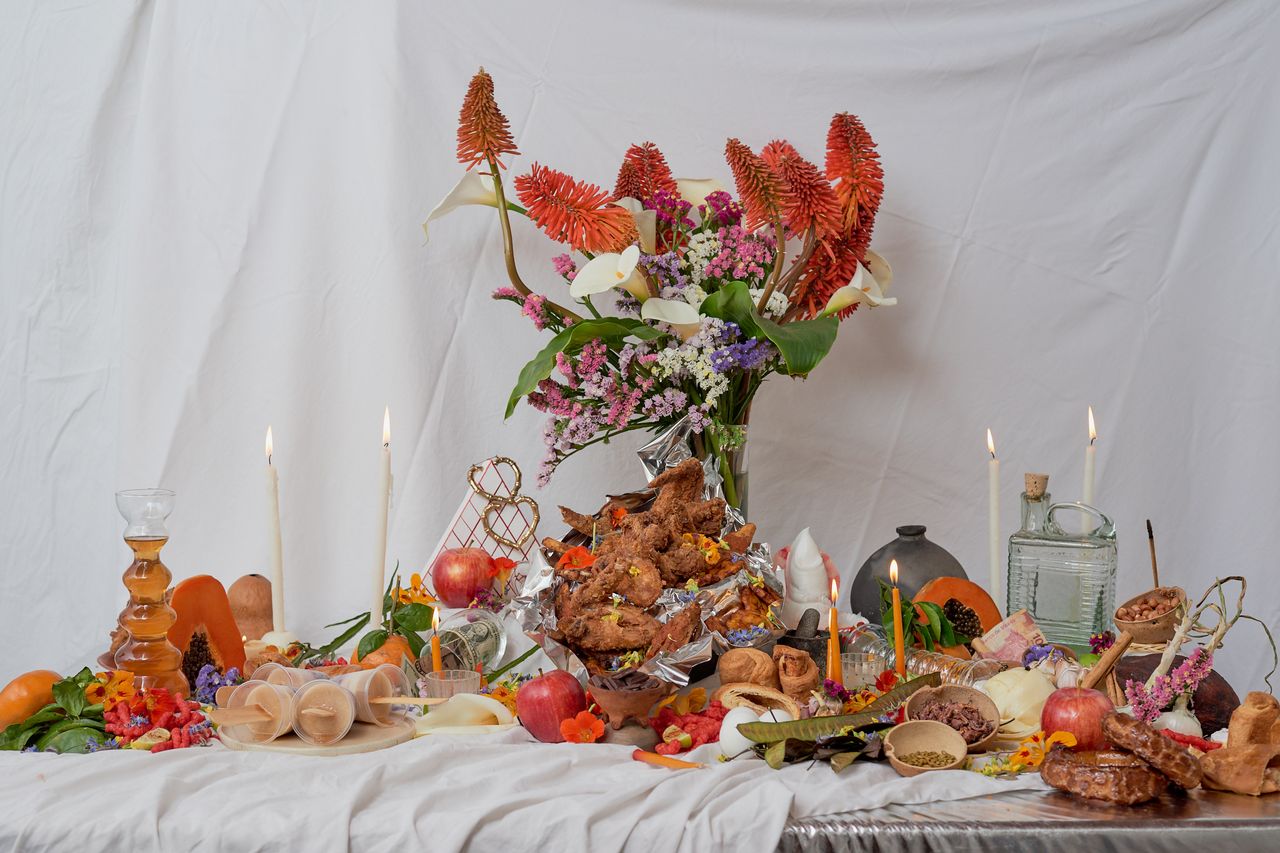 Installation of food on table, from one of the 2023 USA Fellows, food designer krystal c mack