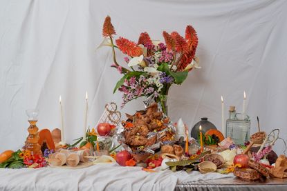 Installation of food on table, by one of the 2023 USA Fellows, food designer Krystal C Mack