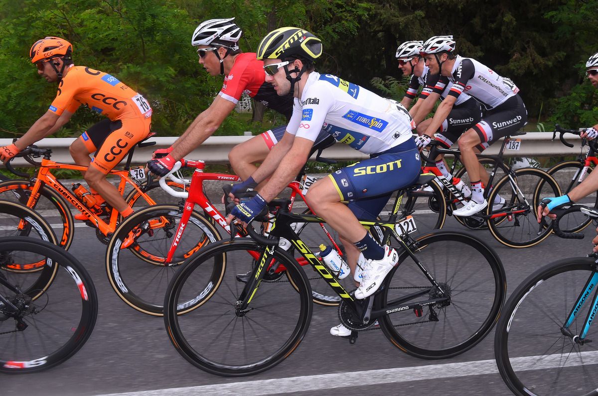 Adam Yates with the white jersey on loan from Bob Jungels