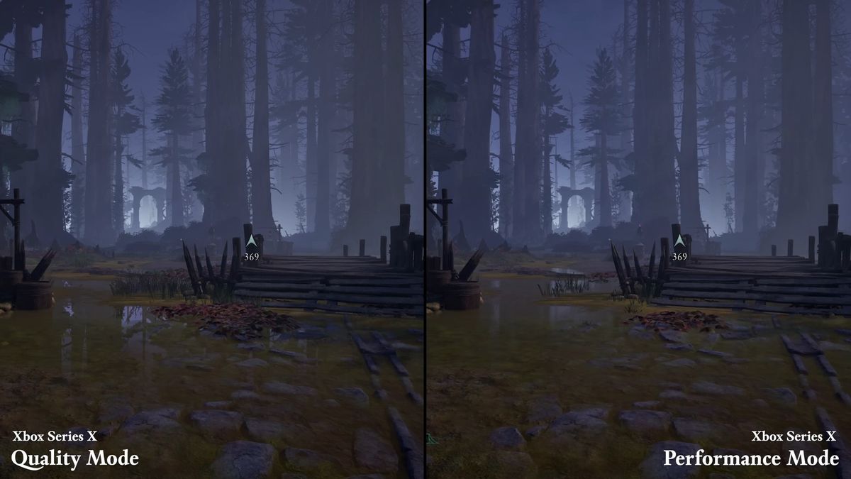 Screenshots showing difference in graphical quality between Balanced and Quality modes on Xbox Series S for Avowed