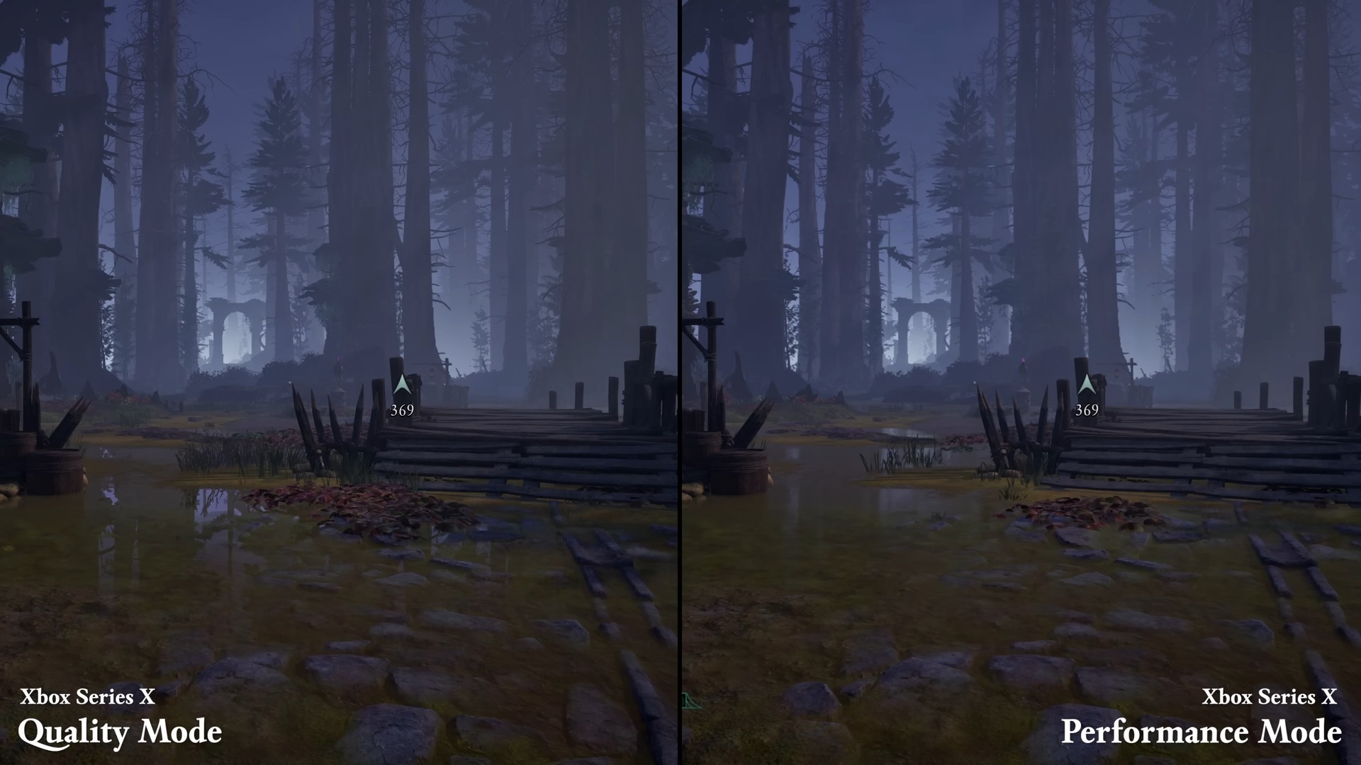 Screenshots showing difference in graphical quality between Balanced and Quality modes on Xbox Series S for Avowed