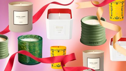Product collage of candles from LAFCO, Cartier, Loewe, Hotel Lobby, Acqua di Parma overlaid gradient background with red ribbon running through 