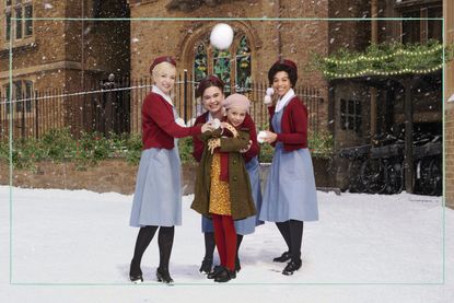 cast members in a still from the Call the Midwife Christmas special 2022 surrounded by snow