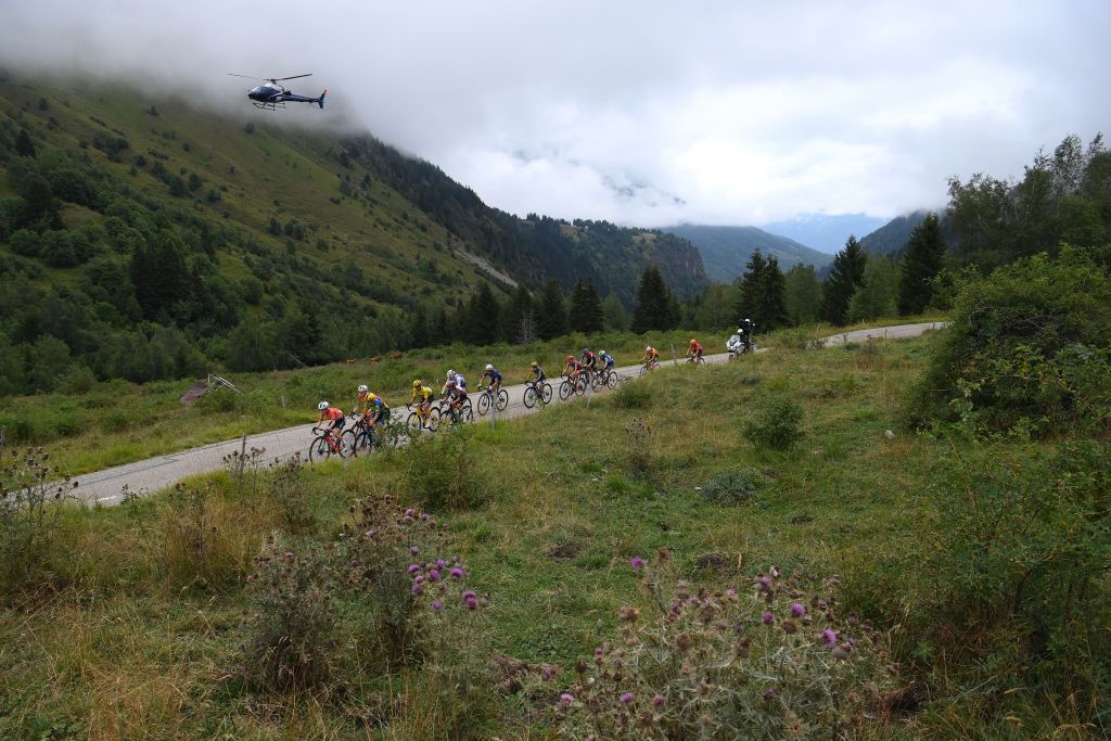 ALPE DHUEZ FRANCE AUGUST 18 A general view of Katarzyna Niewiadoma of Poland and Team CanyonSRAM Racing Yellow leader jersey Gaia Realini of Italy and Team Lidl Trek Lucinda Brand of The Netherlands and Team Lidl Trek Evita Muzic of France and Team FDJ SUEZ Cedrine Kerbaol of France and CERATIZITWNT Pro Cycling Team Valentina Cavallar of Austria and Team Arkea BB Hotels Women Puck Pieterse of The Netherlands and Team FenixDeceuninck White best young jersey Erica Magnaldi of Italy and UAE Team ADQ Pauliena Rooijakkers of The Netherlands and Team FenixDeceuninck compete in the chase group during the 3rd Tour de France Femmes 2024 Stage 8 a 1499km stage from Le GrandBornand to Alpe dHuez 1828m UCIWWT on August 18 2024 in Alpe dHuez France Photo by Alex BroadwayGetty Images