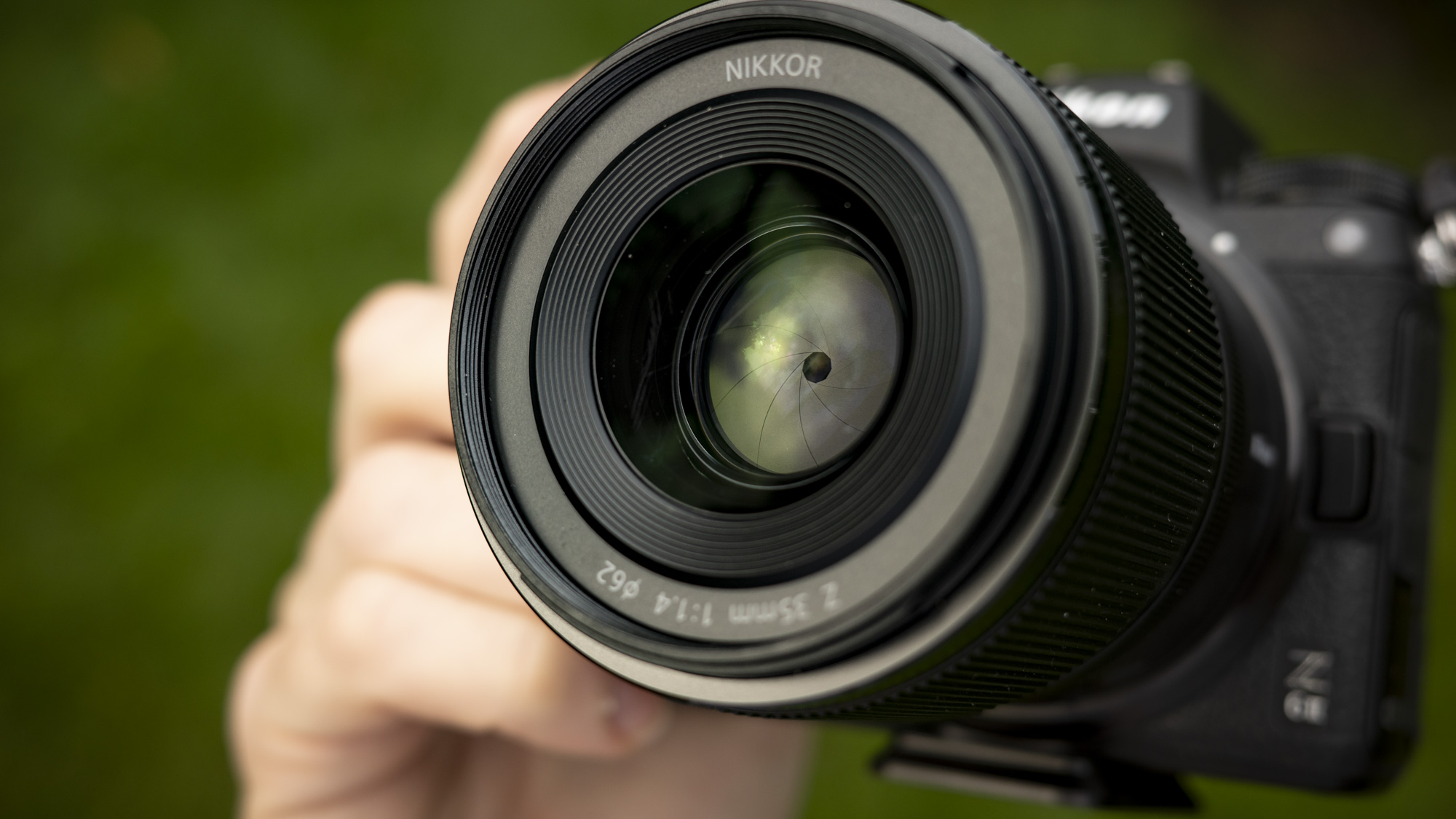 Closeup of the Nikon Z 35mm f/1.4 lens front element