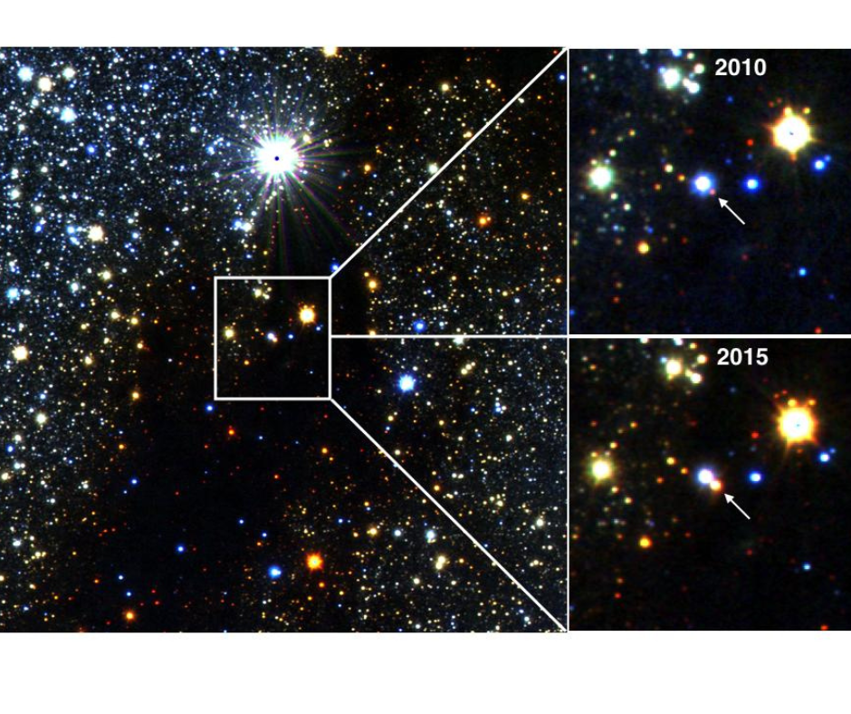 Infrared images of a red giant star about 30,000 light years away, near the centre of our Milky Way galaxy, that faded away and then reappeared over the course of several years.