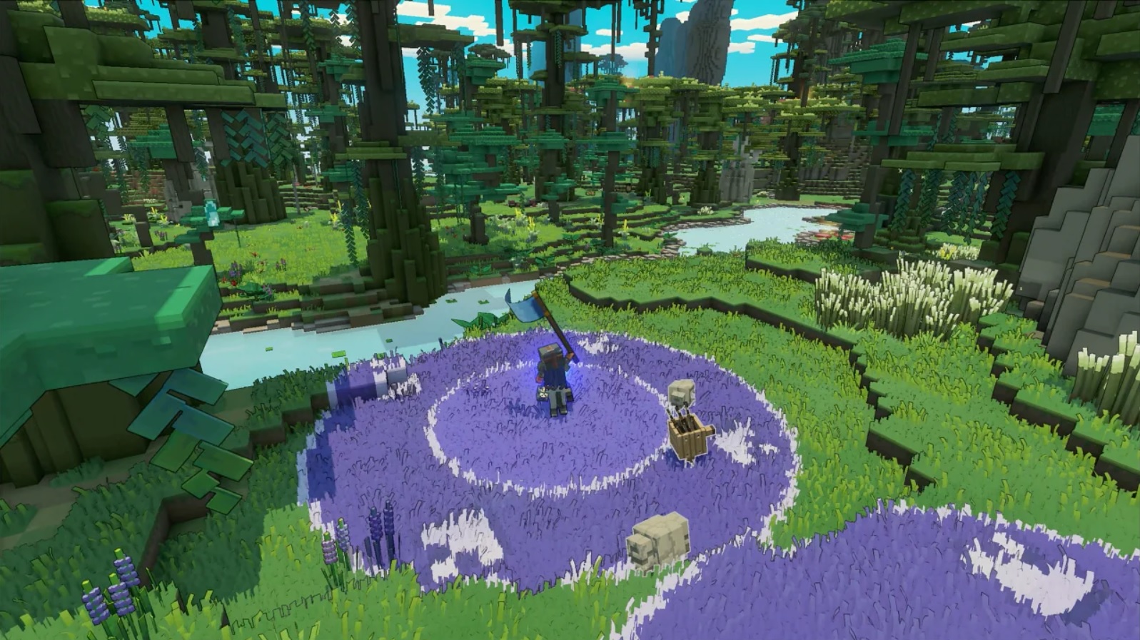 Minecraft Legends - A player holds a blue flag overhead while riding a horse. A blue circle symbol on the ground issues a direction to their mob forces.