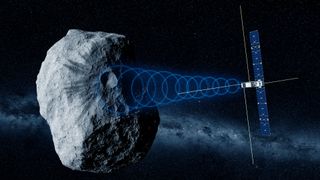 A satellite scans an asteroid, represented by repeated blue radar arrays emanating from the probe/