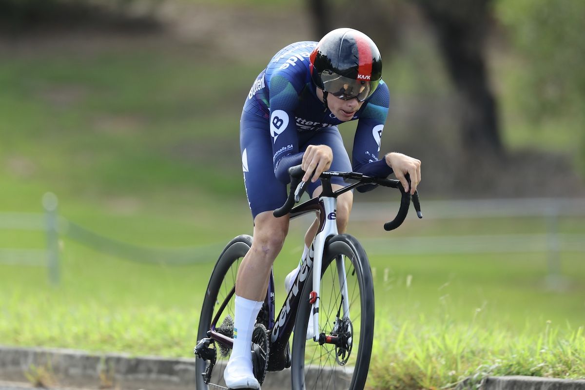 Zac Marriage (Butterfields Ziptrak) on his way to victory on the stage 2 time trial of the Q Tour, the final round of the 2025 ProVelo Super League