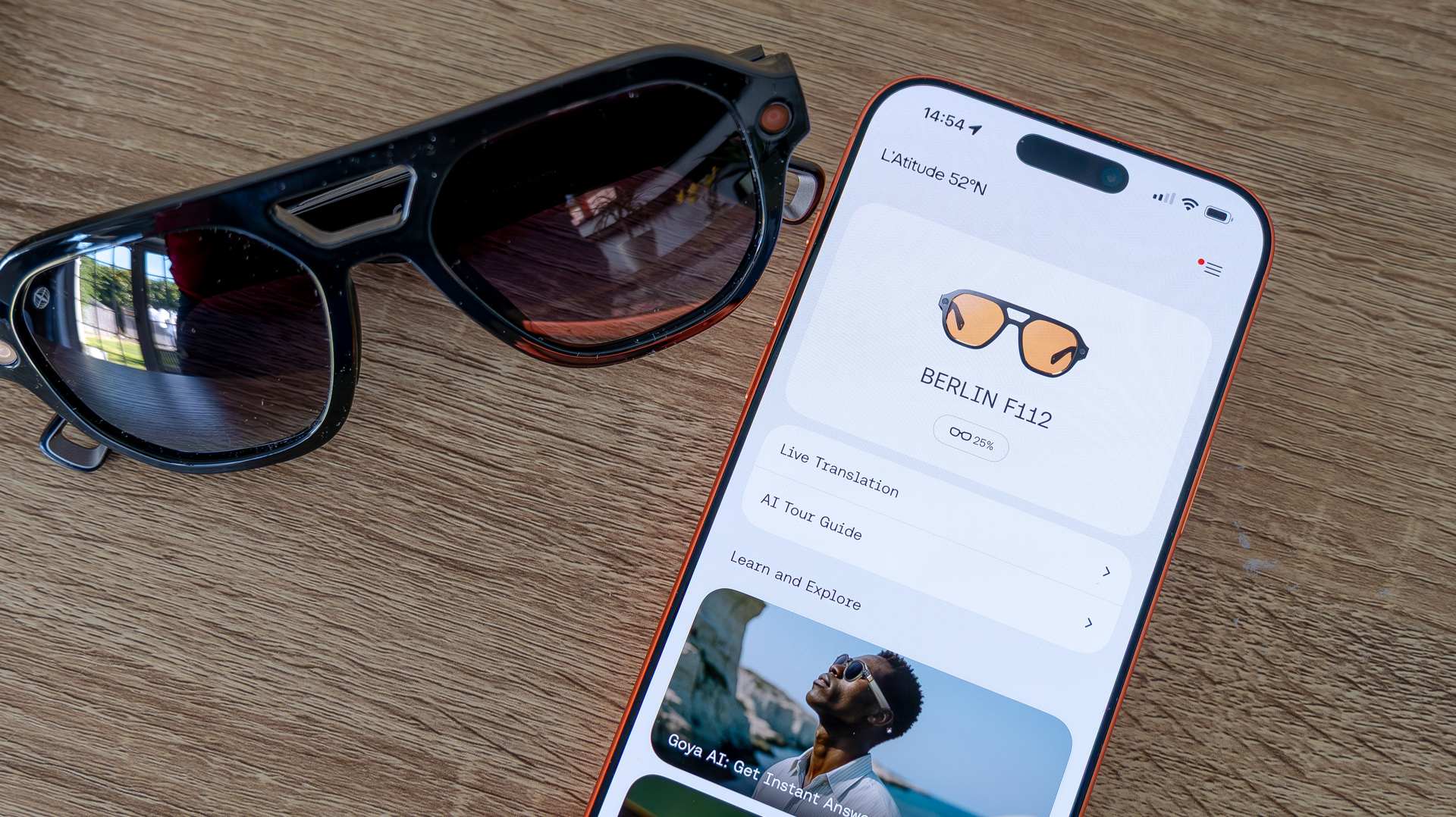 L'Atitude 52&amp;deg;N Smart Glasses review images, in case, on a sideboard and worn outside