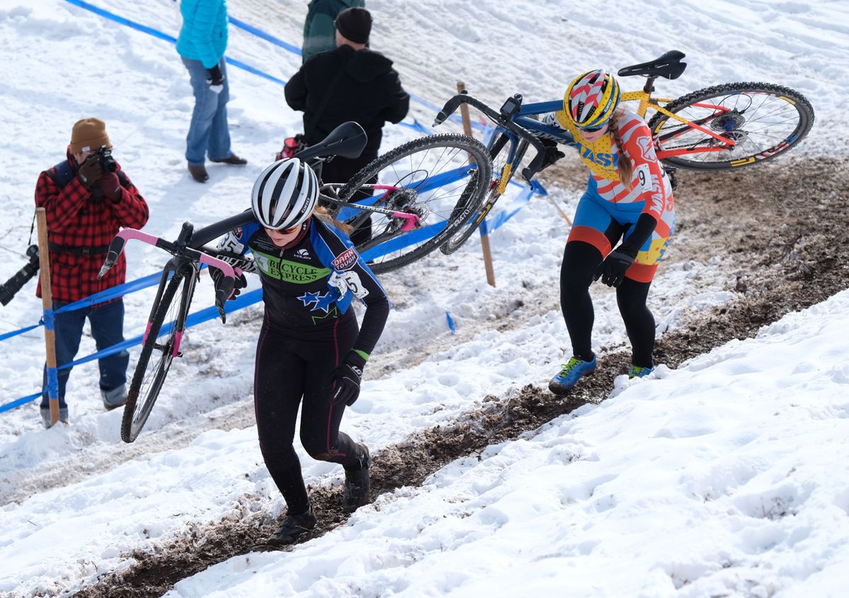 Racers taking the B-line up the ridge climb