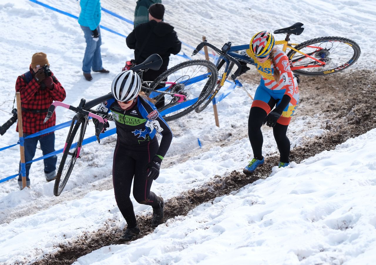 Racers taking the B-line up the ridge climb