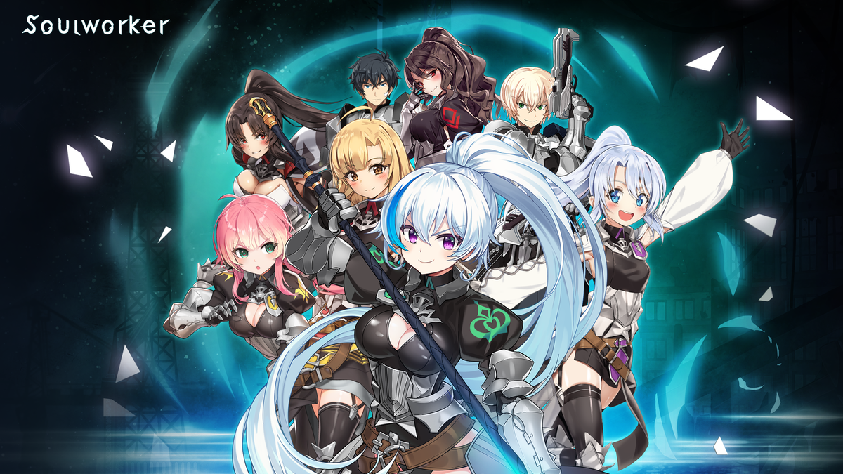 Artwork of eight current SoulWorker characters grouped together.