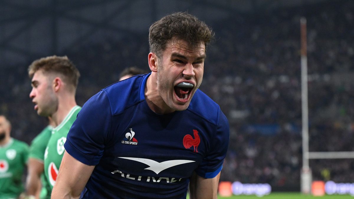 Damian Penaud of France screams in celebration prior to the Scotland vs France showdown in the 2024 Six Nations.