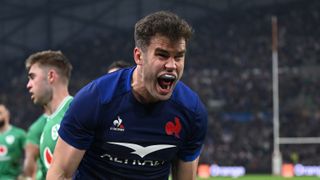Damian Penaud of France screams in celebration prior to the Scotland vs France showdown in the 2024 Six Nations.