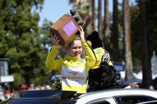 Anna van der Breggen hoists her 2017 Amgen Women's Race trophy
