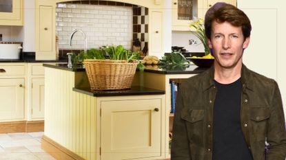 Compilation image of a butter yellow kitchen with a cut out of James Blunt