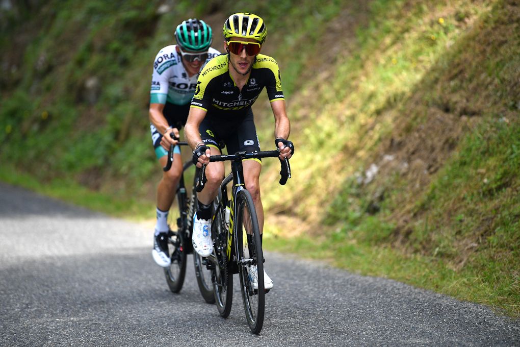 Simon Yates and Gregor Muhlberger ride to the finish of stage 12 at the Tour de France