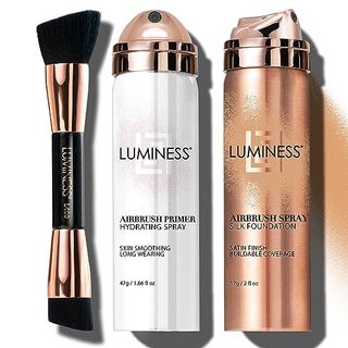 Luminess Airbrush Spray Silk Foundation Starter Kit, including a dual-ended brush, primer spray, and foundation spray, on a white background