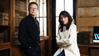 Nicky Campbell in a dark suit and Davina McCall in a white jacket in Long Lost Family: Born Without Trace