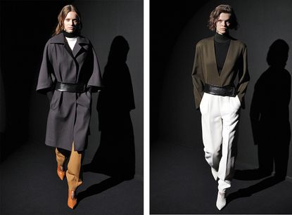 Left, a navy wrap trench with a statement belt. Right, tailored straight trousers paired with a layered V-cut blouse