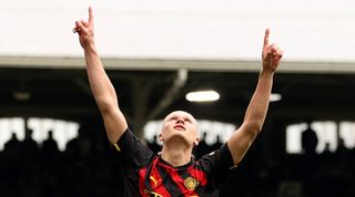 Erling Haaland celebrates after scoring for Manchester City against Fulham in April 2023.