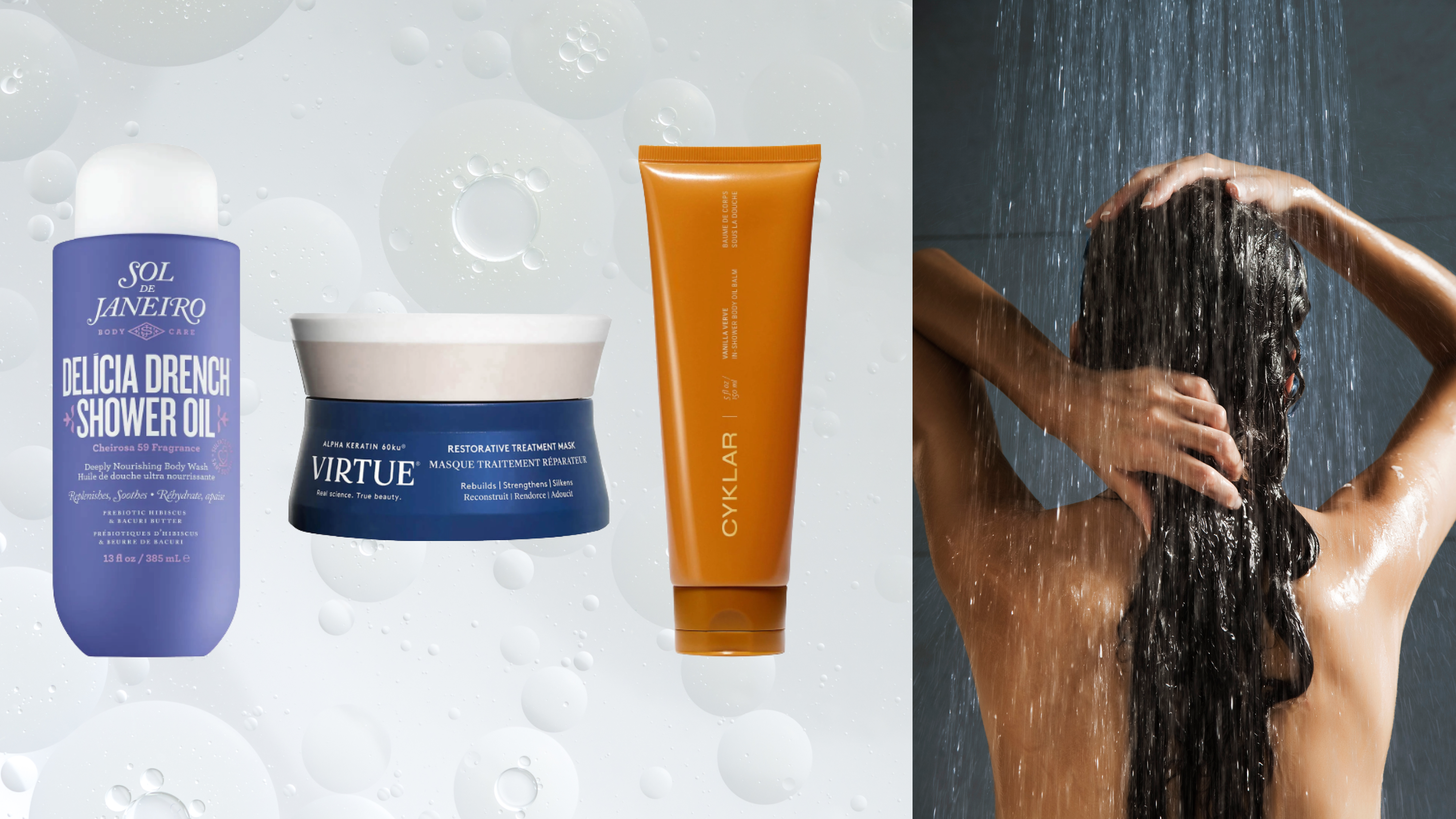 Collage of sol de janeiro delicia drench body oil, virtue hair mask, cyklar in-shower body oil balm with woman washing her hair in shower on Abstract water bubbles background 