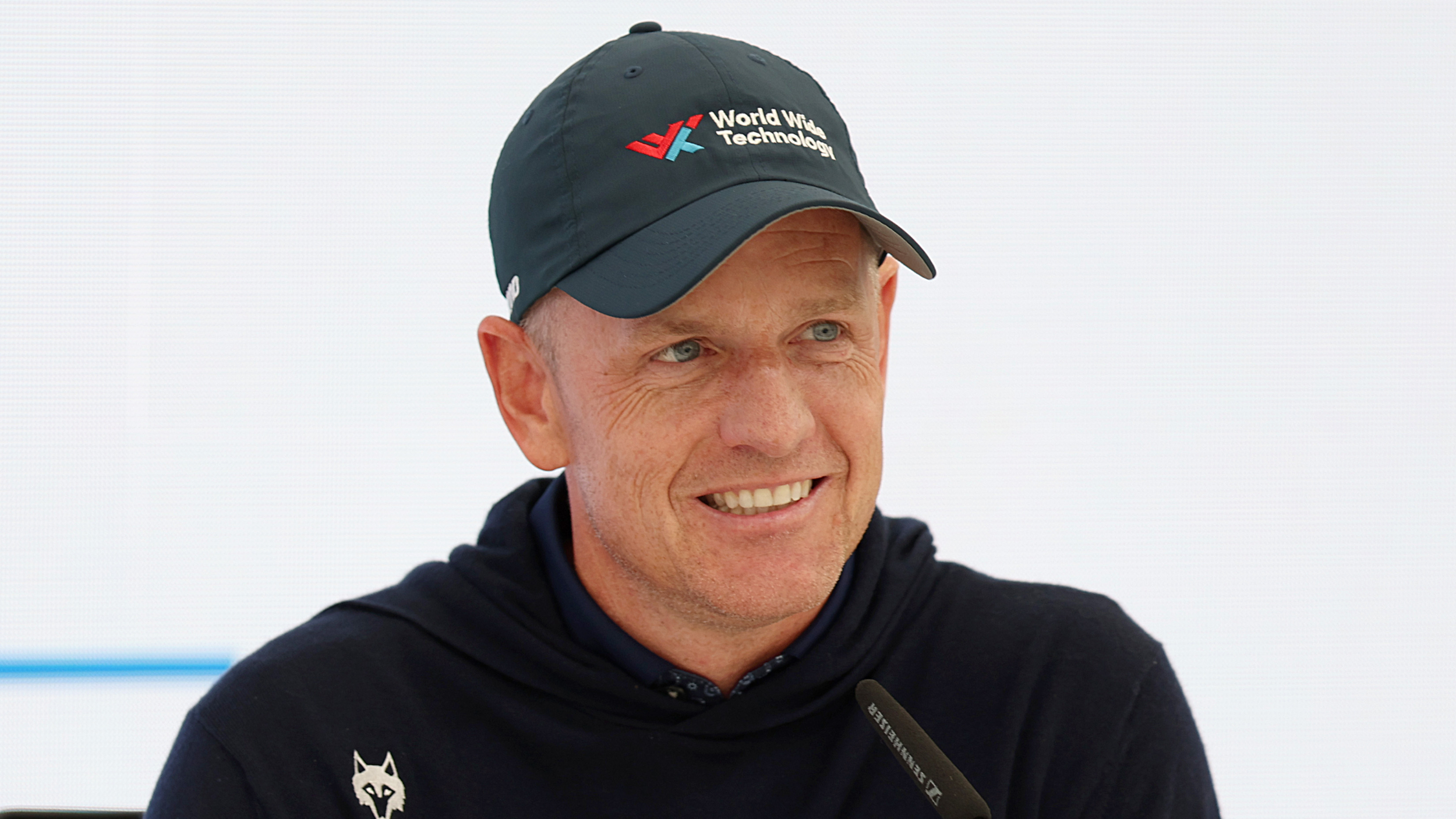 Luke Donald talks to the press at the Amgen Irish Open