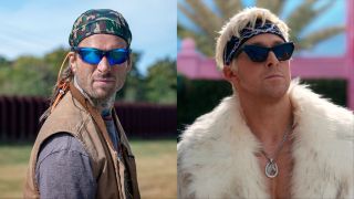 Glen Powell in Hit Man and Ryan Gosling in Barbie, both wearing sunglasses