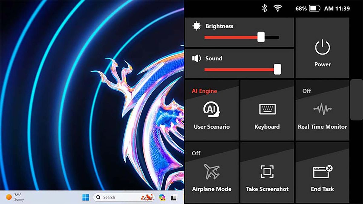 MSI Claw Quick Settings menu.