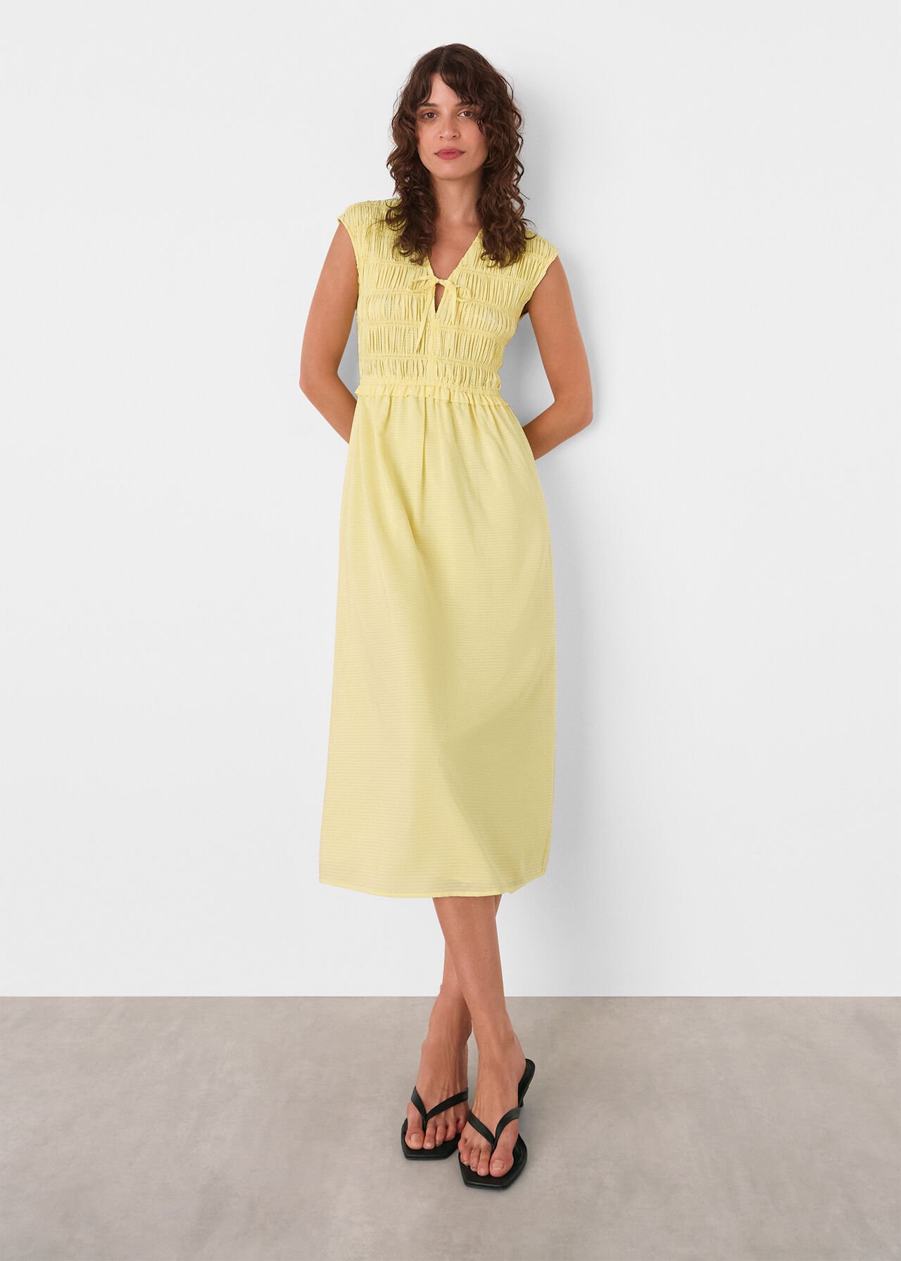 Lemon Shirred Bodice V Neck Dress