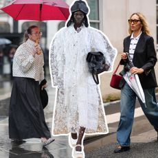 art collages of woman at fashion week wearing rain shoes and models at Simone Rocha and Loewe Spring 2026 wearing rain shoes