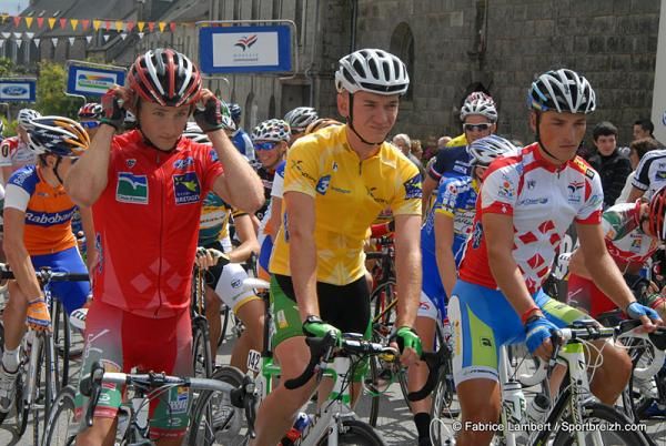 The jersey holders await the start of stage 4 at the head of the peloton.