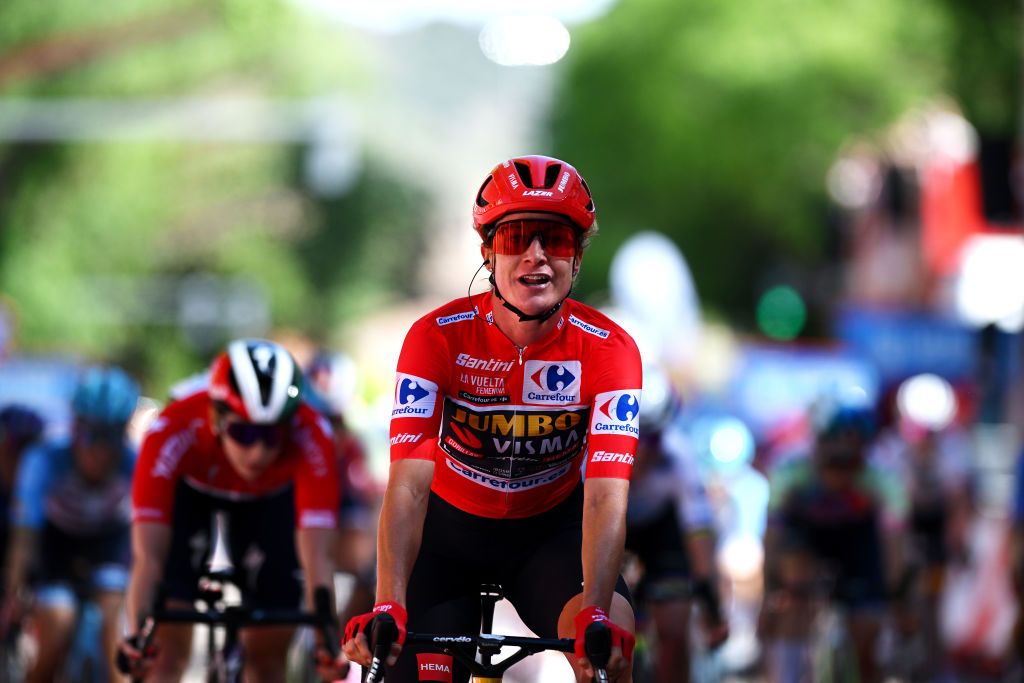 GUADALAJARA SPAIN MAY 04 Marianne Vos of The Netherlands and Team JumboVisma Red Leader Jersey celebrates at finish line as stage winner during the 9th La Vuelta Femenina 2023 Stage 4 a 1331km stage from Cuenca to Guadalajara UCIWWT on May 04 2023 in Guadalajara Spain Photo by Dario BelingheriGetty Images