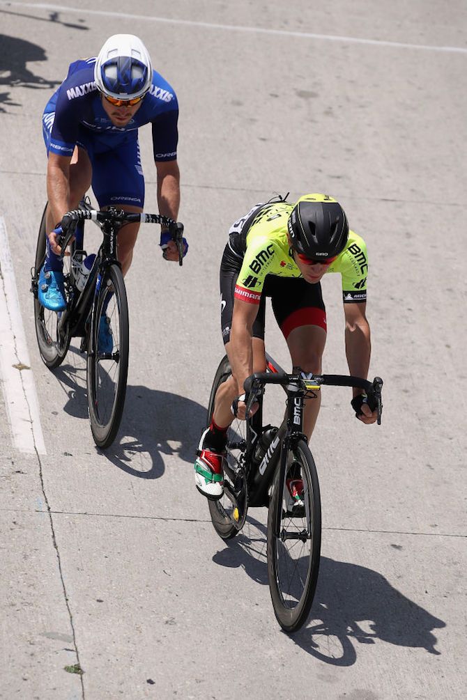 Andrei Krisilnikau (Holowesko-Citadel) and UnitedHealthcare's Tanner Putt in the break on stage 1 of the 2018 Tour of California