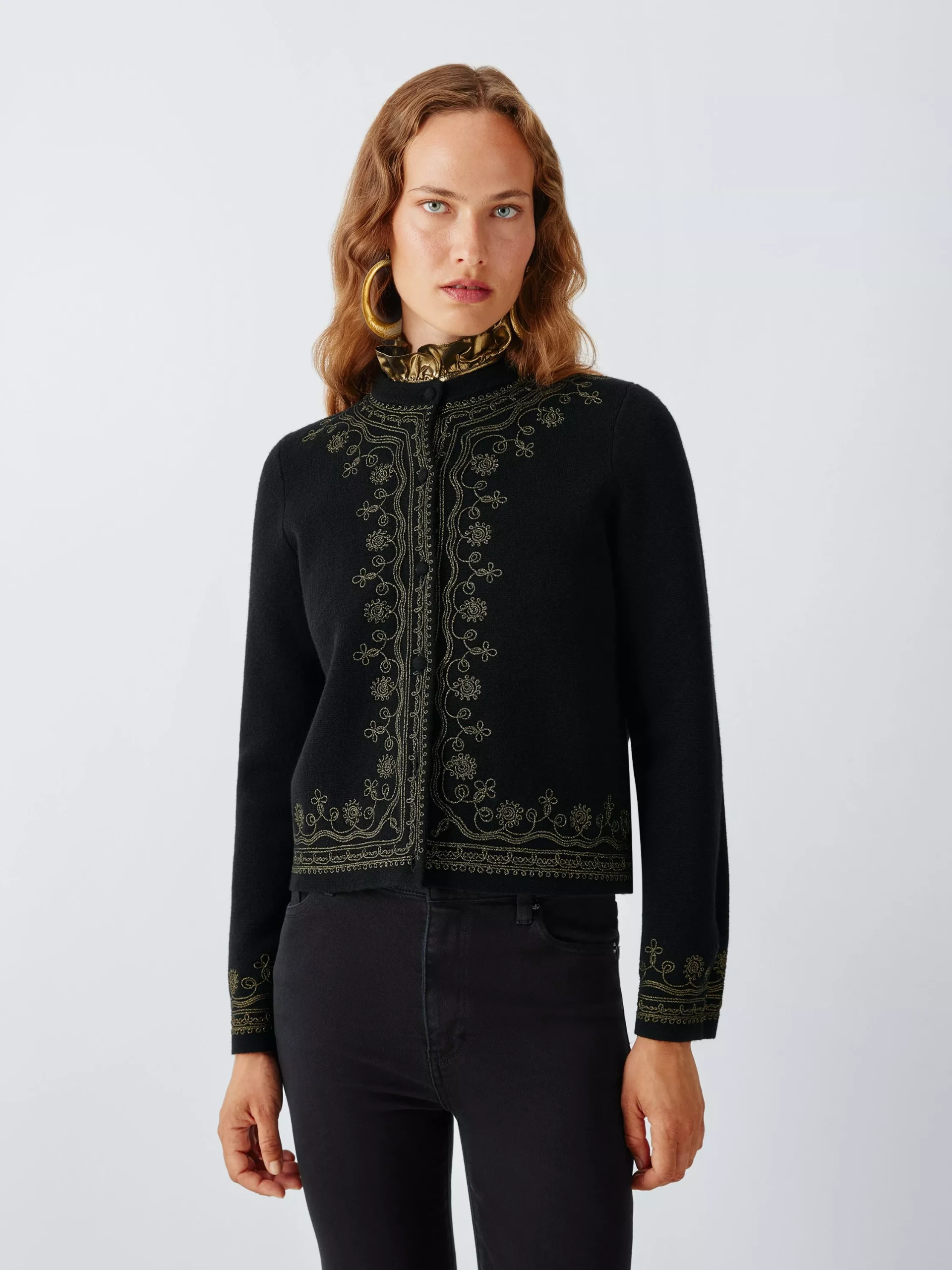 John Lewis X Rixo Halley Embroidered Merino Wool Rich Cardigan, Black